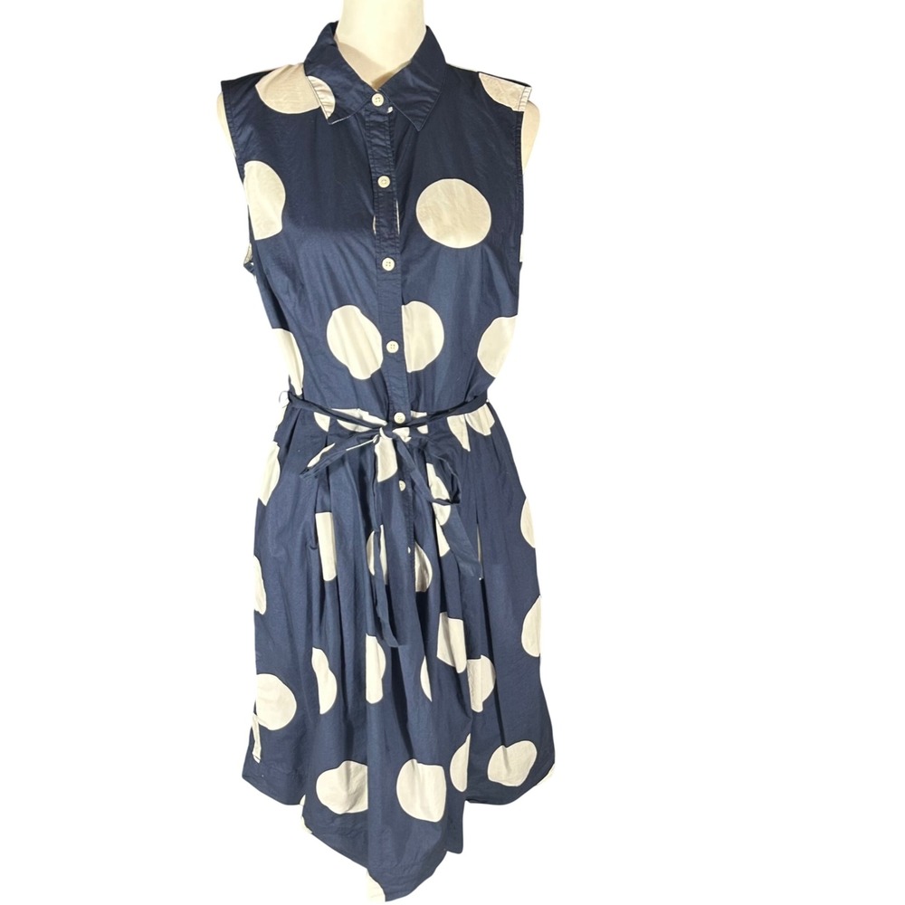 Talbots Shirt Dress Women 14P Navy Blue Polka Dot Sleeveless Tie Waist Cotton